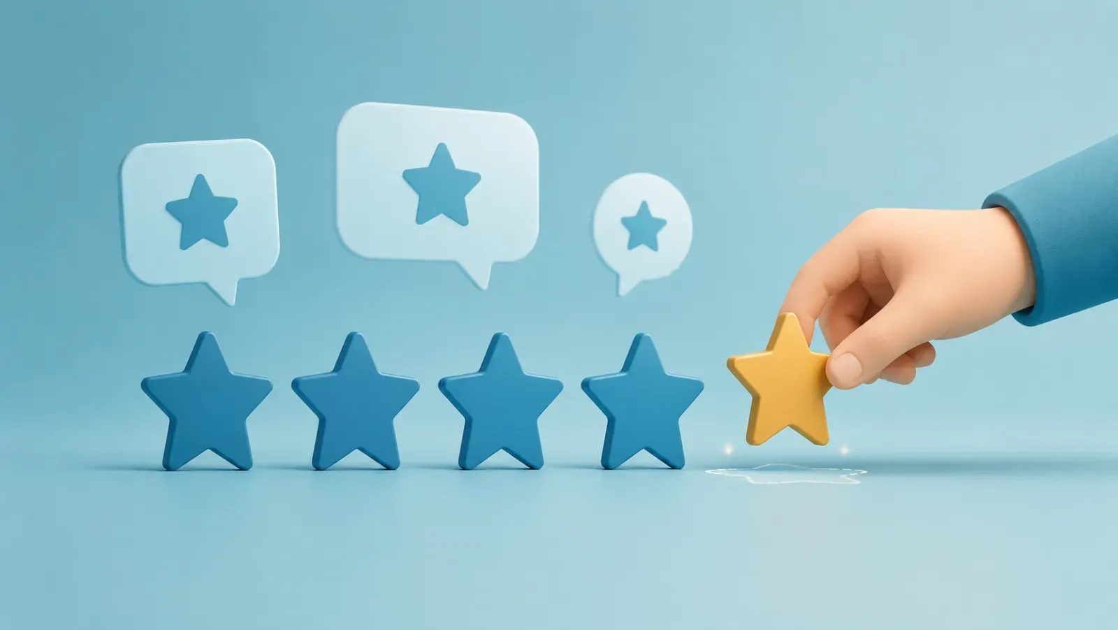 A hand placing a fifth gold star to complete a five-star review