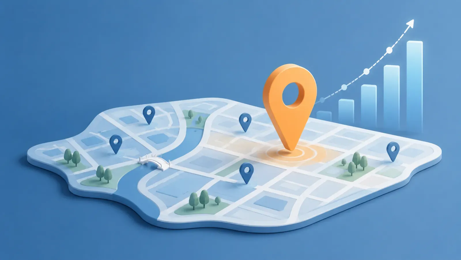 A local street map with a location pin and a rising results graph