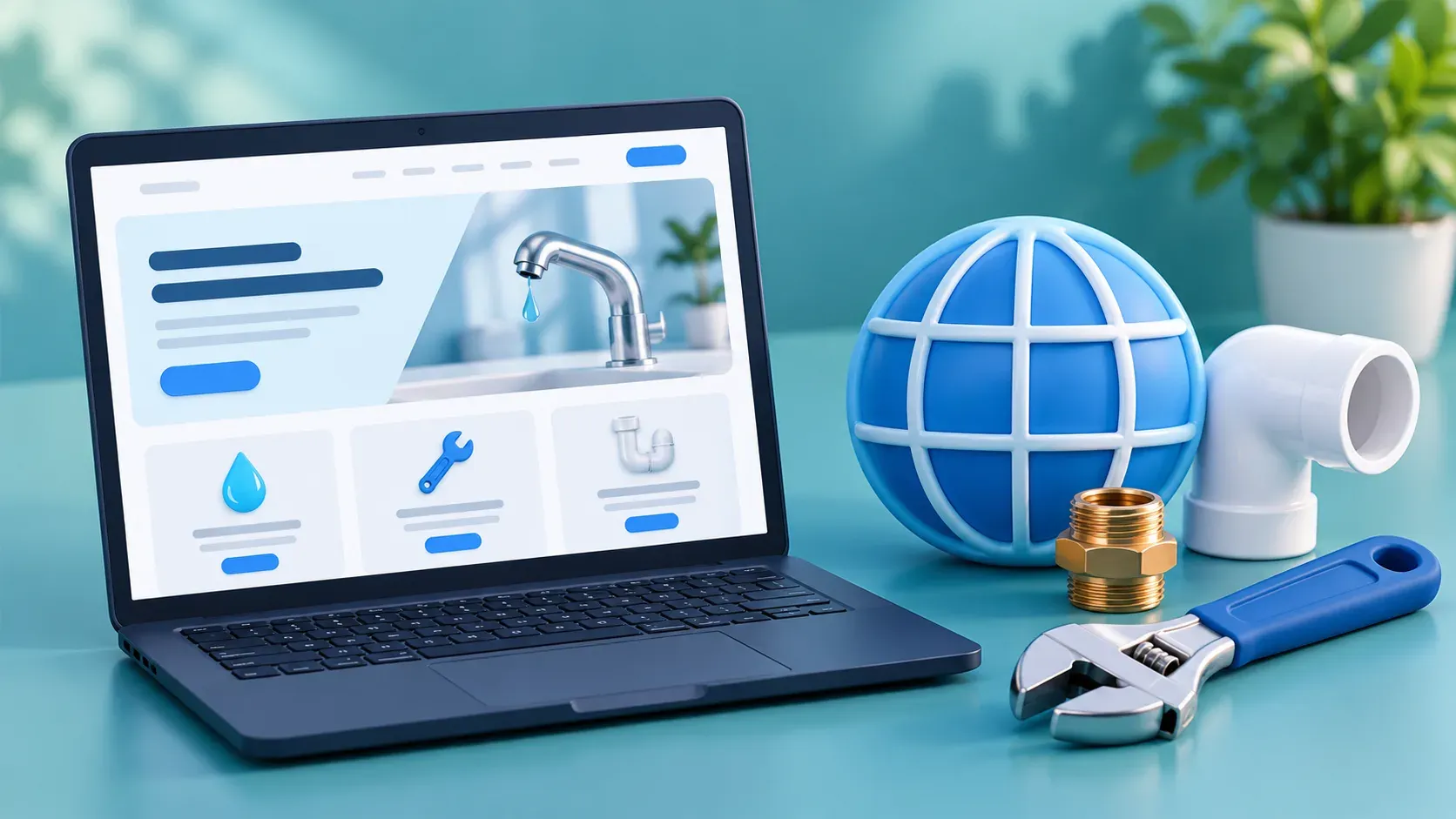 A soft 3D illustration of a plumbing website on a laptop beside a blue globe, pipe fitting and adjustable wrench