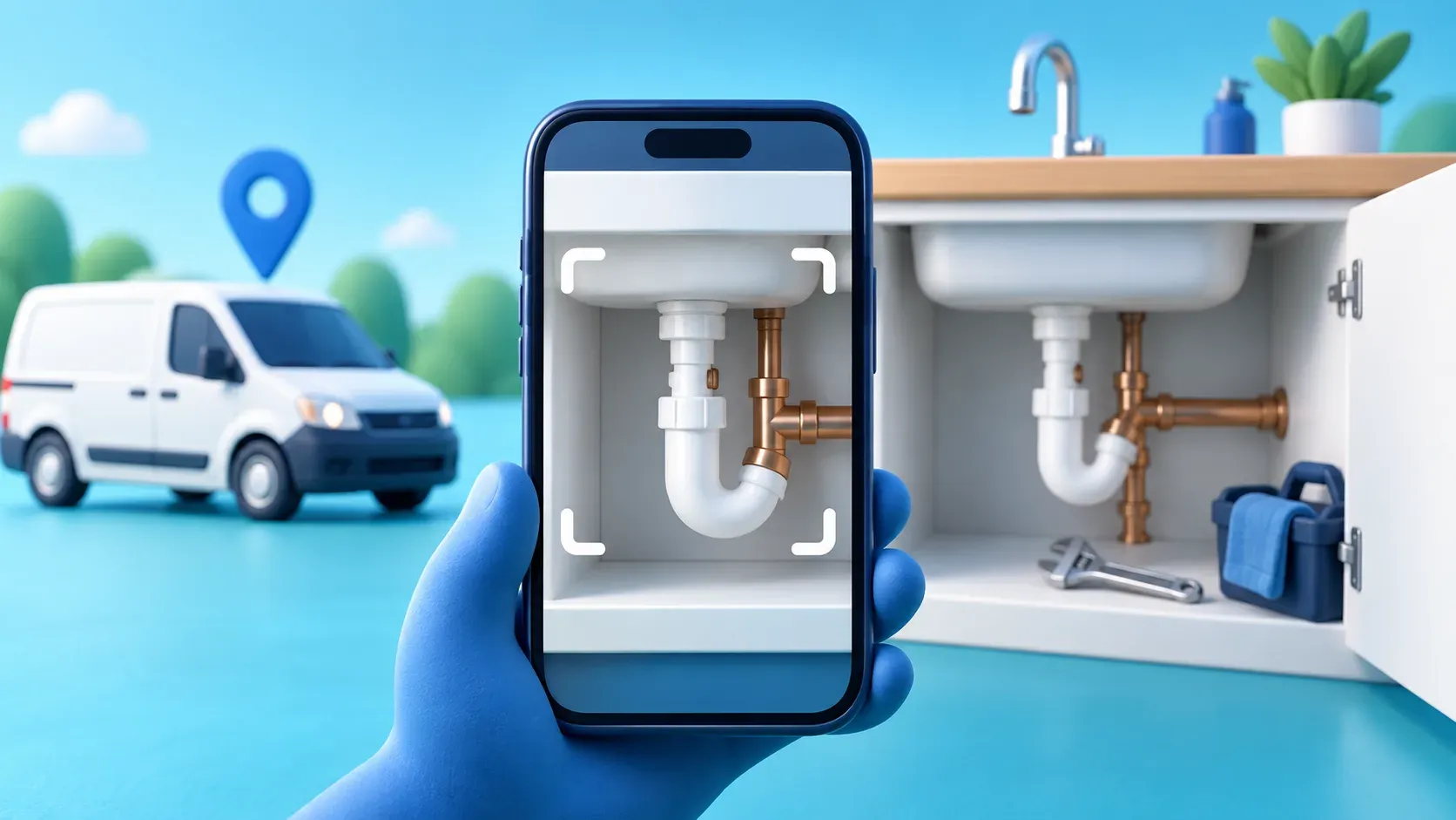 A 3D illustration of a phone camera framing neat pipework under a sink, with a plumber's van and map pin behind it