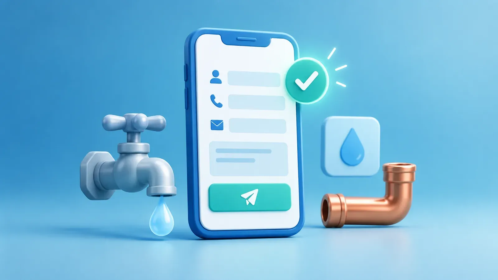 A 3D illustration of a mobile plumbing enquiry form beside a tap, pipe and water droplet