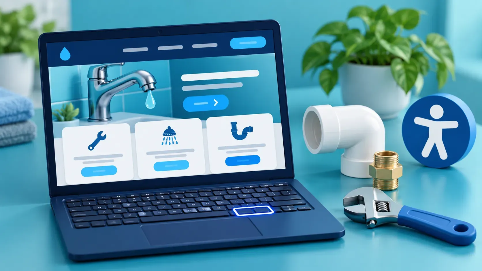A soft 3D illustration of a plumbing website on a laptop with a highlighted keyboard key, pipe fitting and adjustable wrench
