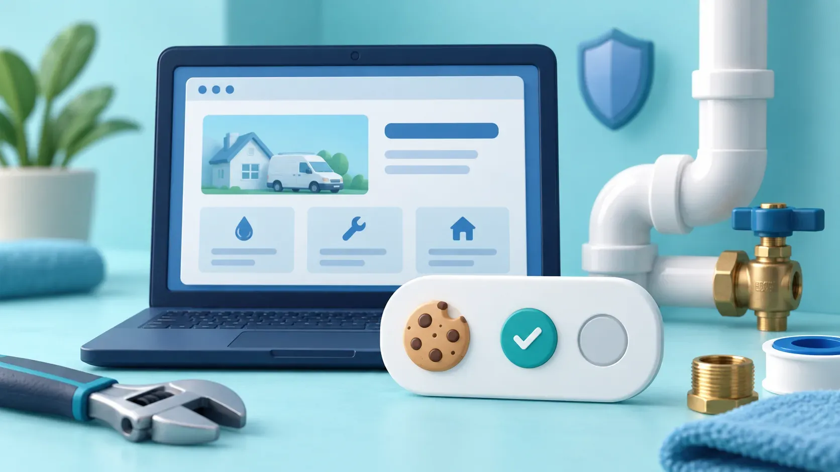 A soft 3D illustration of a plumbing business website on a laptop, with a cookie choice control, pipe and brass valve