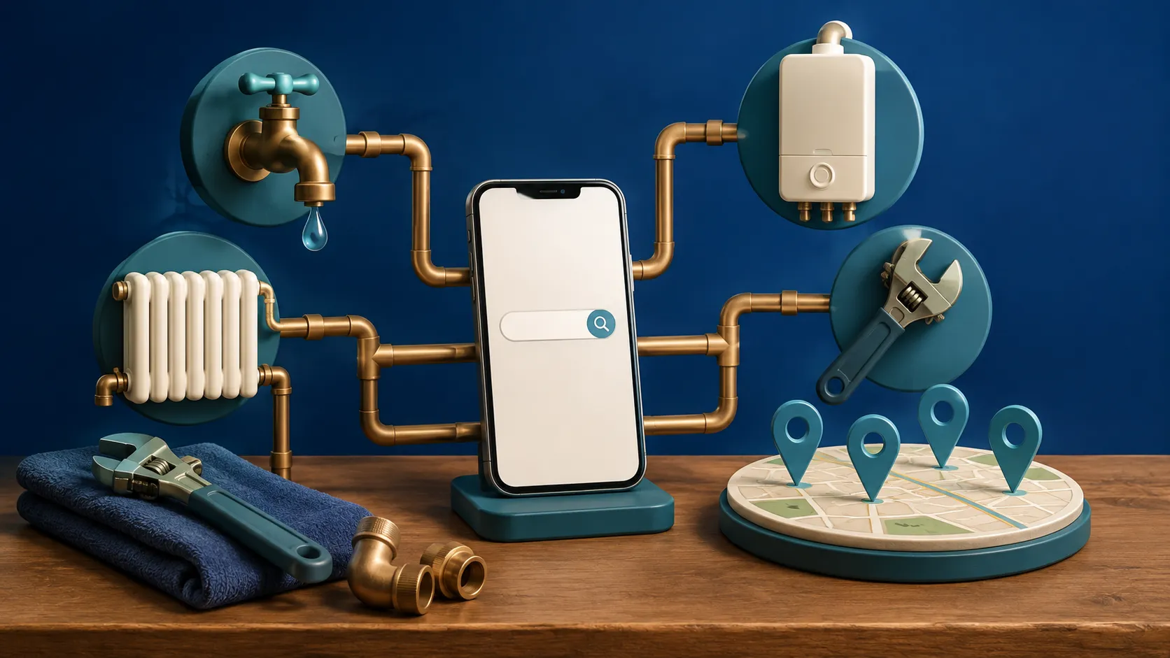 A phone connected by copper pipes to plumbing services and local map pins
