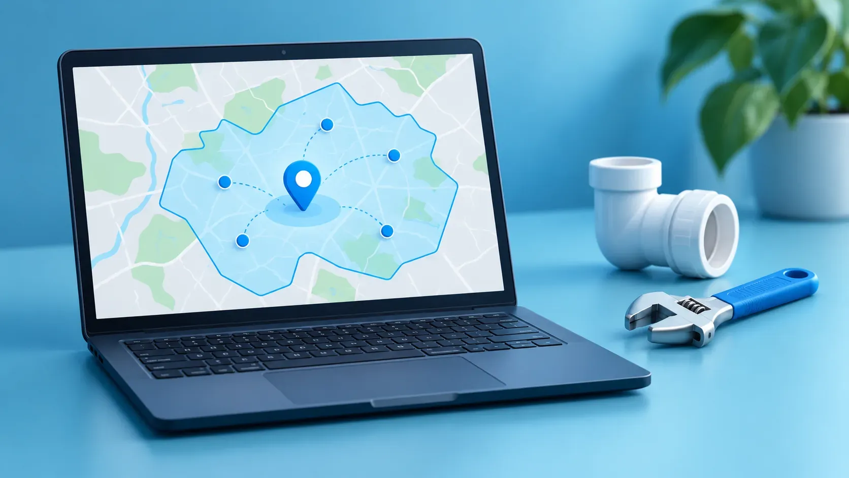 Soft blue 3D illustration of a laptop showing a bounded local service area map, with a plumbing pipe fitting and wrench beside it