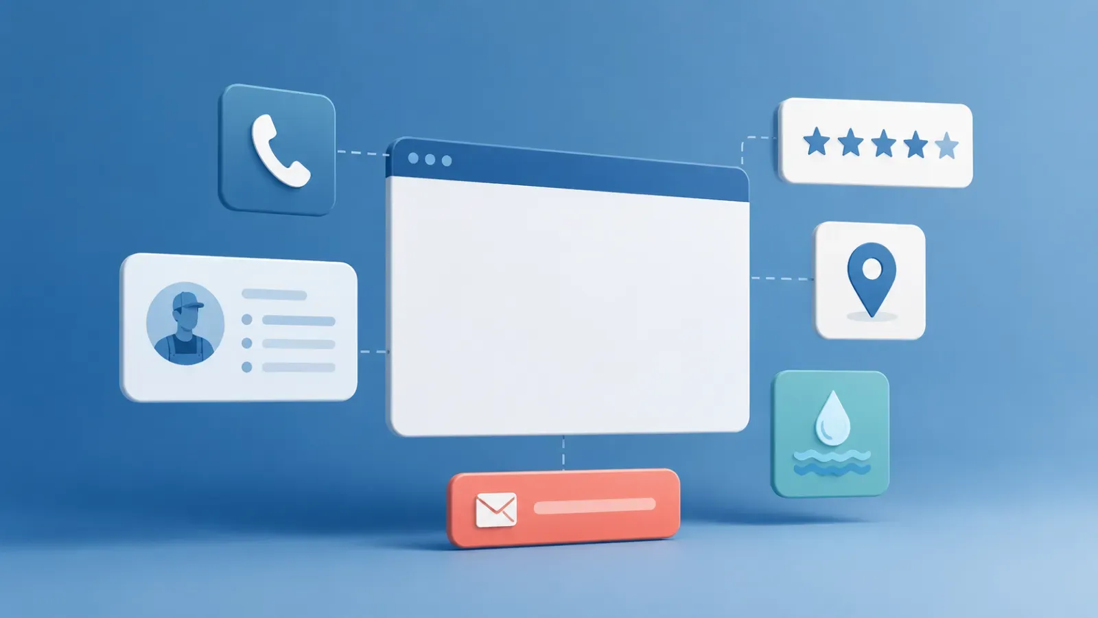 A website window surrounded by phone, reviews, location and contact icons