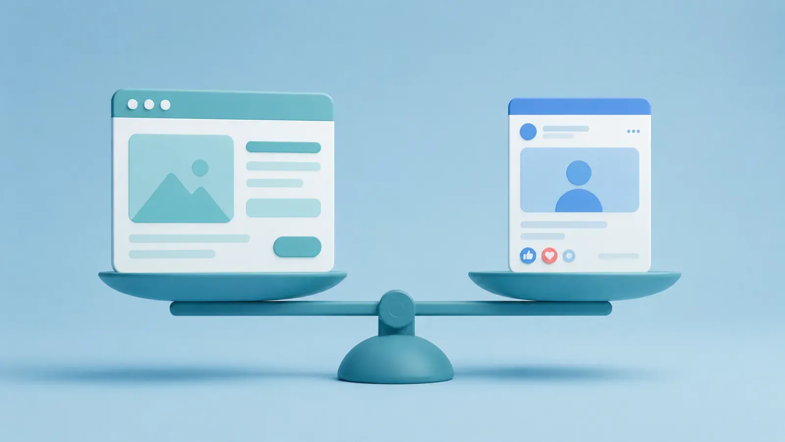A set of scales balancing a website against a Facebook page