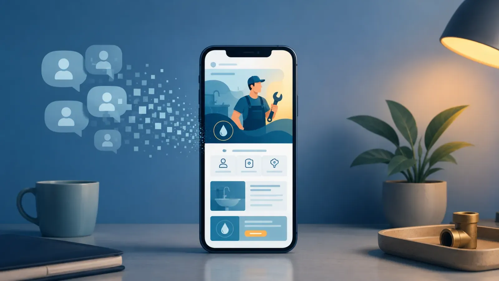 A plumber's website on a phone, with word-of-mouth referrals turning into online enquiries